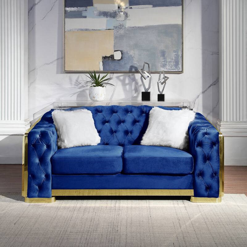 Blue Classic 73" Velvet Chesterfield Tufted Loveseat Sofa with Gold